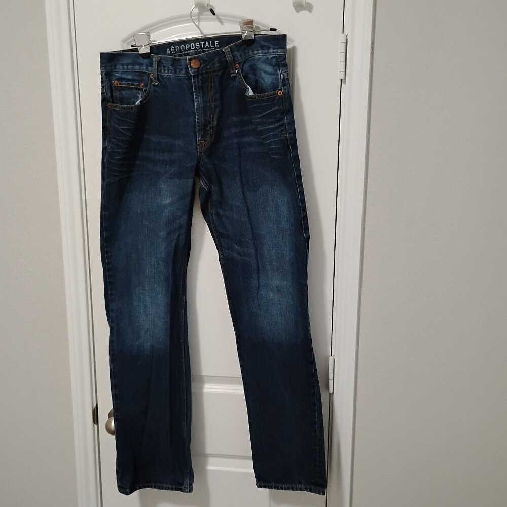 "Aeropostale" Med - Dark Wash Distressed Straight Leg Denim Jeans Size 34/34
